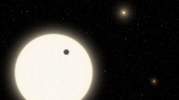 This planet orbits in a triple-star system with special configuration